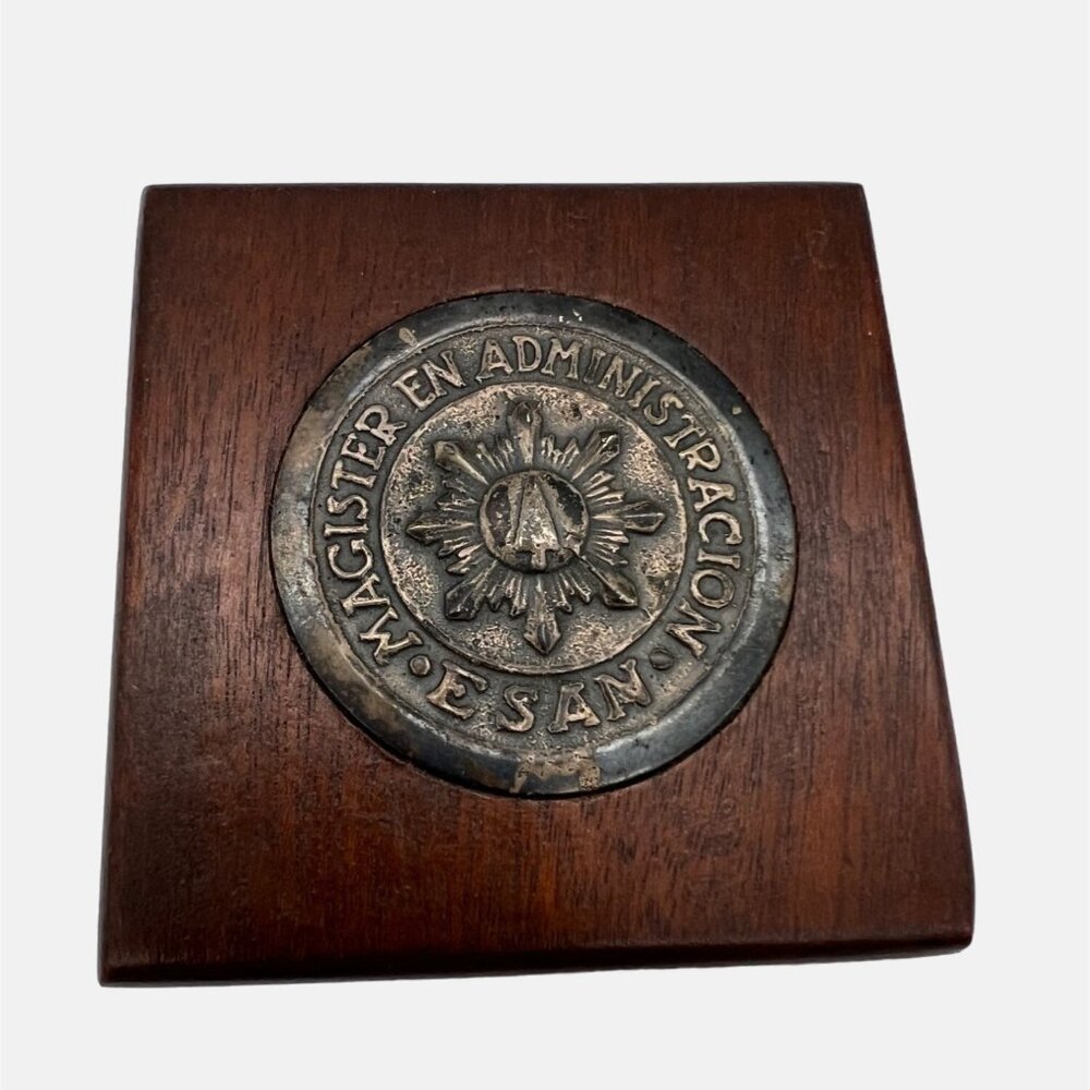 Wood & Brass Paperweight With ESAN Graduate School of Business Insignia Peru